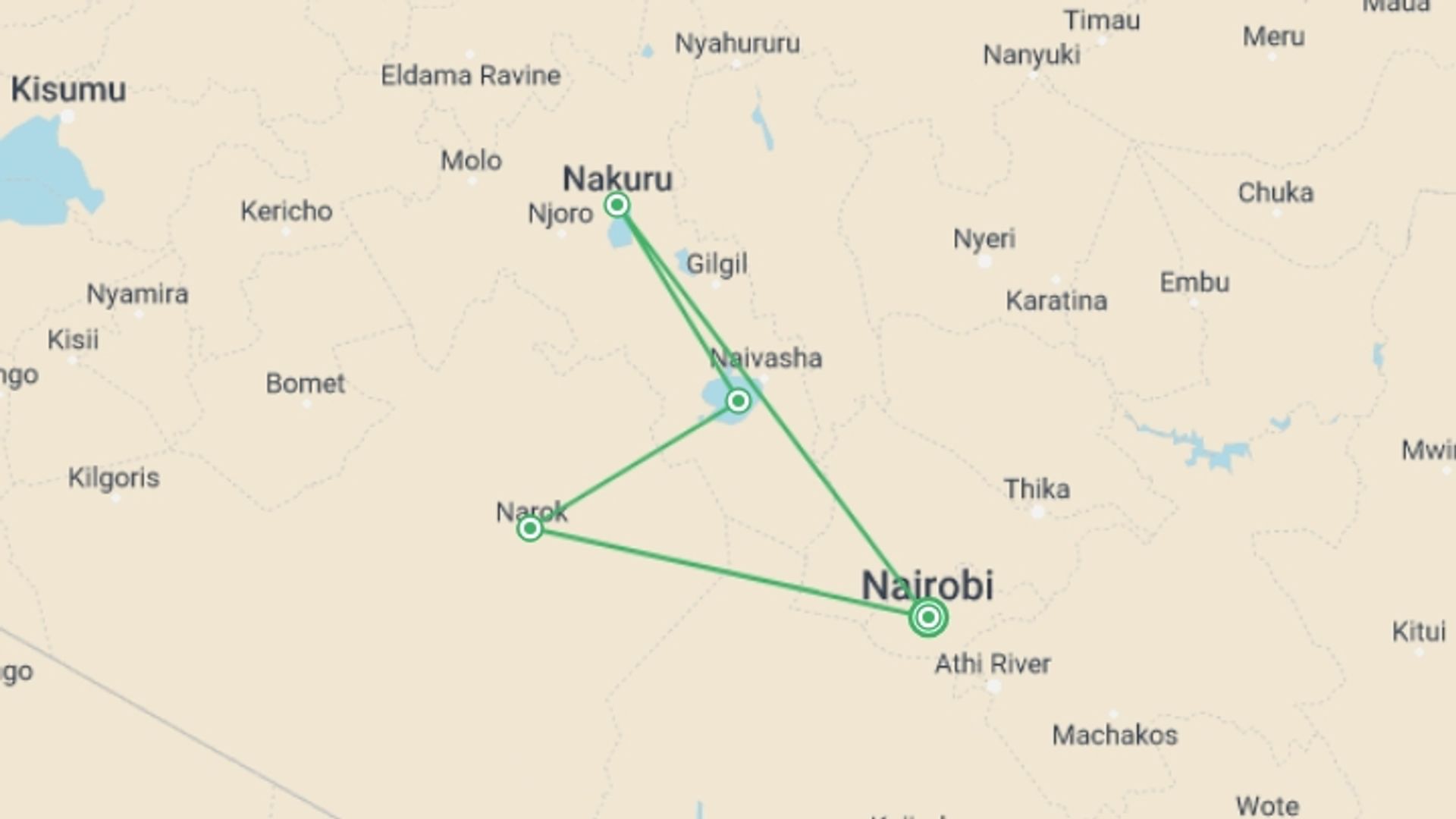 A map showing the tour itinerary for the trip: 5 Days  Nakuru, Naivasha, Masai Mara, starting in Nairobi, Kenya and ending in Nairobi, Kenya going through 5 other destinations.