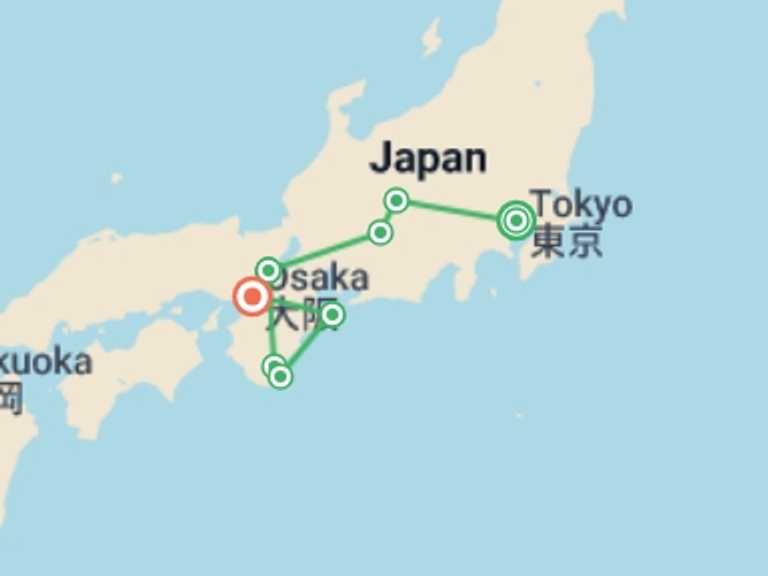 Map itinerary of Asia Tour in July 2026 with 9 destination visits for the trip: Japan: Hike, Bike & Kayak