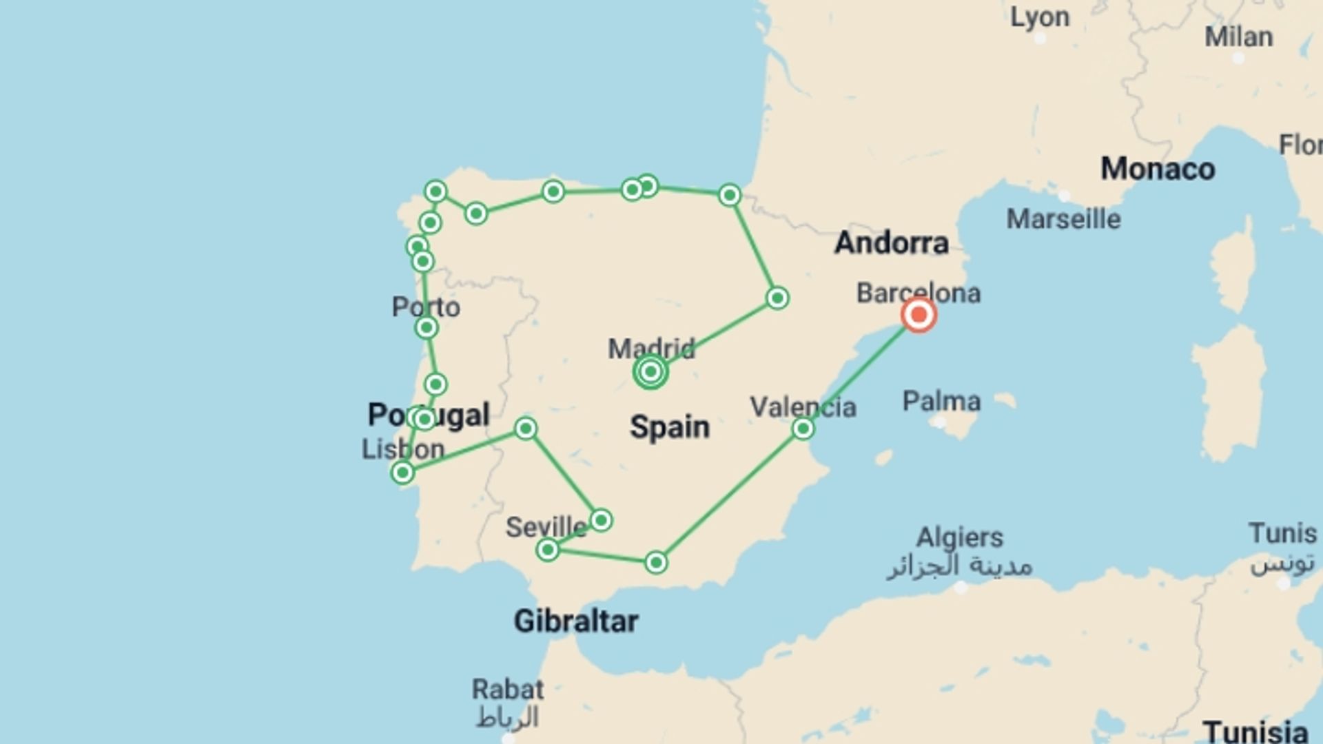 A map showing the tour itinerary for the trip: Madrid & Iberian Tour, 22 Days, starting in Madrid, Spain and ending in Barcelona, Spain going through 13 other destinations.