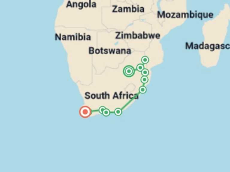 Map itinerary of Cape Town Tour in August 2026 with 9 destination visits for the trip: A World In One Country