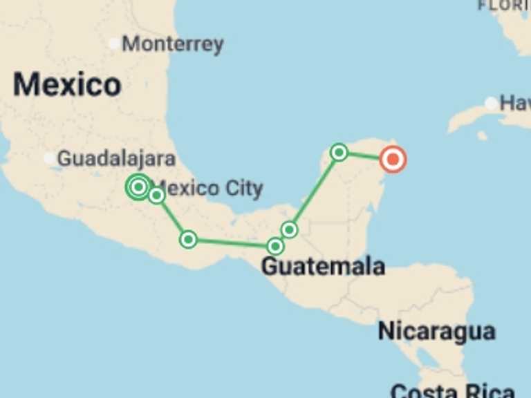 Map of North America Tour with 7 destination visits for the trip: Real Mexico