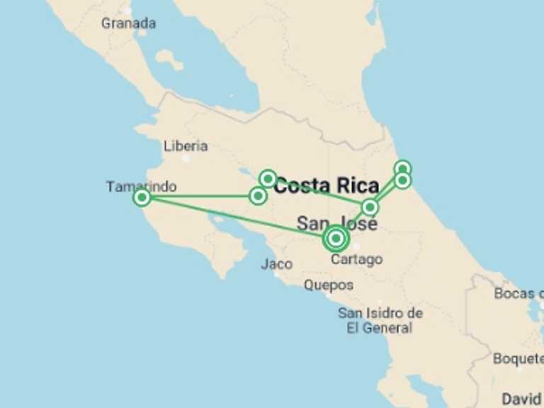 Map of San Jose Active and outdoor Tour with 7 destination visits for the trip: Supersaver | Discovering Costa Rica, 14 Days