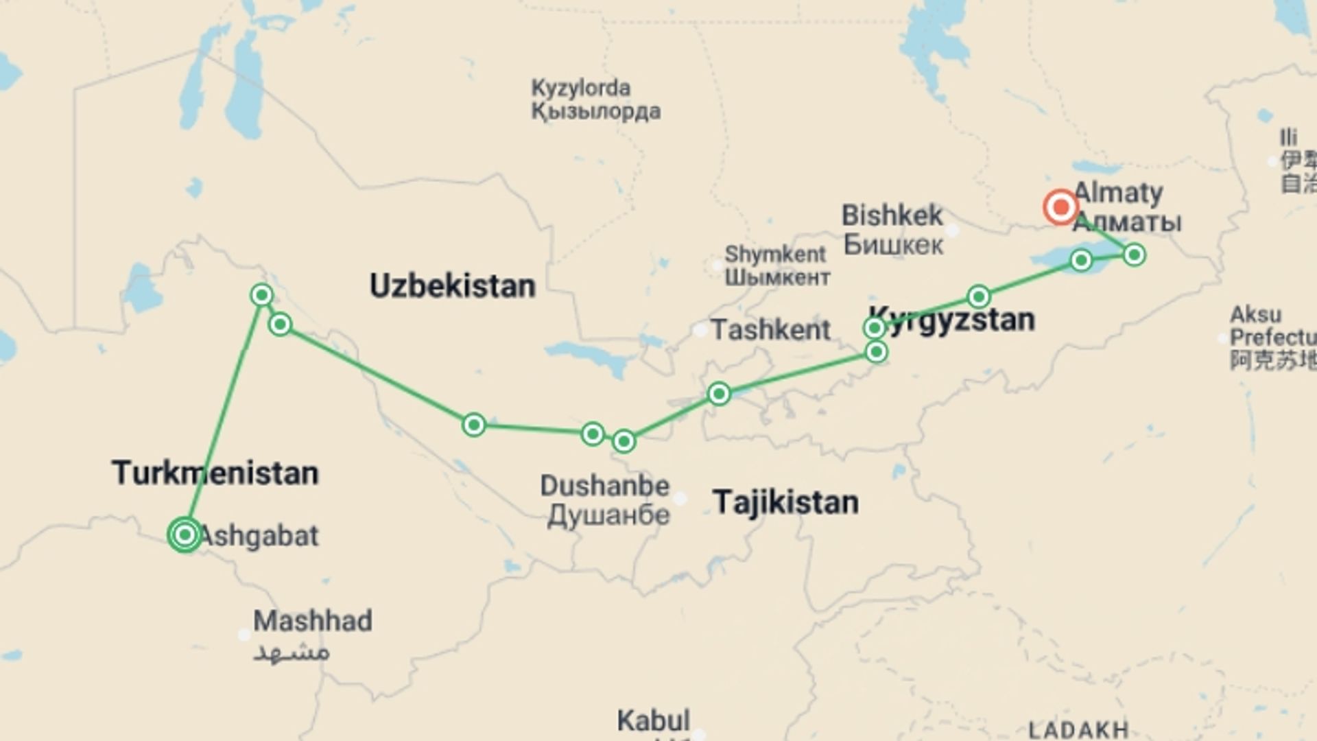 A map showing the tour itinerary for the trip: The Five Stans of the Silk Road - Ashgabat to Almaty, starting in Ashgabat, Turkmenistan and ending in Almaty, Kazakhstan going through 11 other destinations.