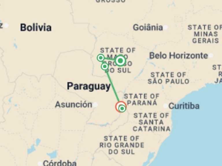 Map of Foz Do Iguacu Adventure Tour with 4 destination visits for the trip: Pantanal, Bonito & Iguazu Adventure 9D/8N (from Campo Grande)