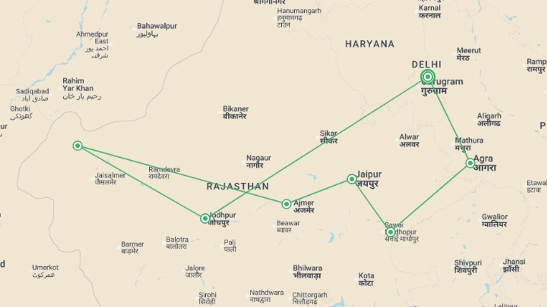 A map showing the tour itinerary for the trip: India Experience, starting in New Delhi, India and ending in New Delhi, India going through 6 other destinations.