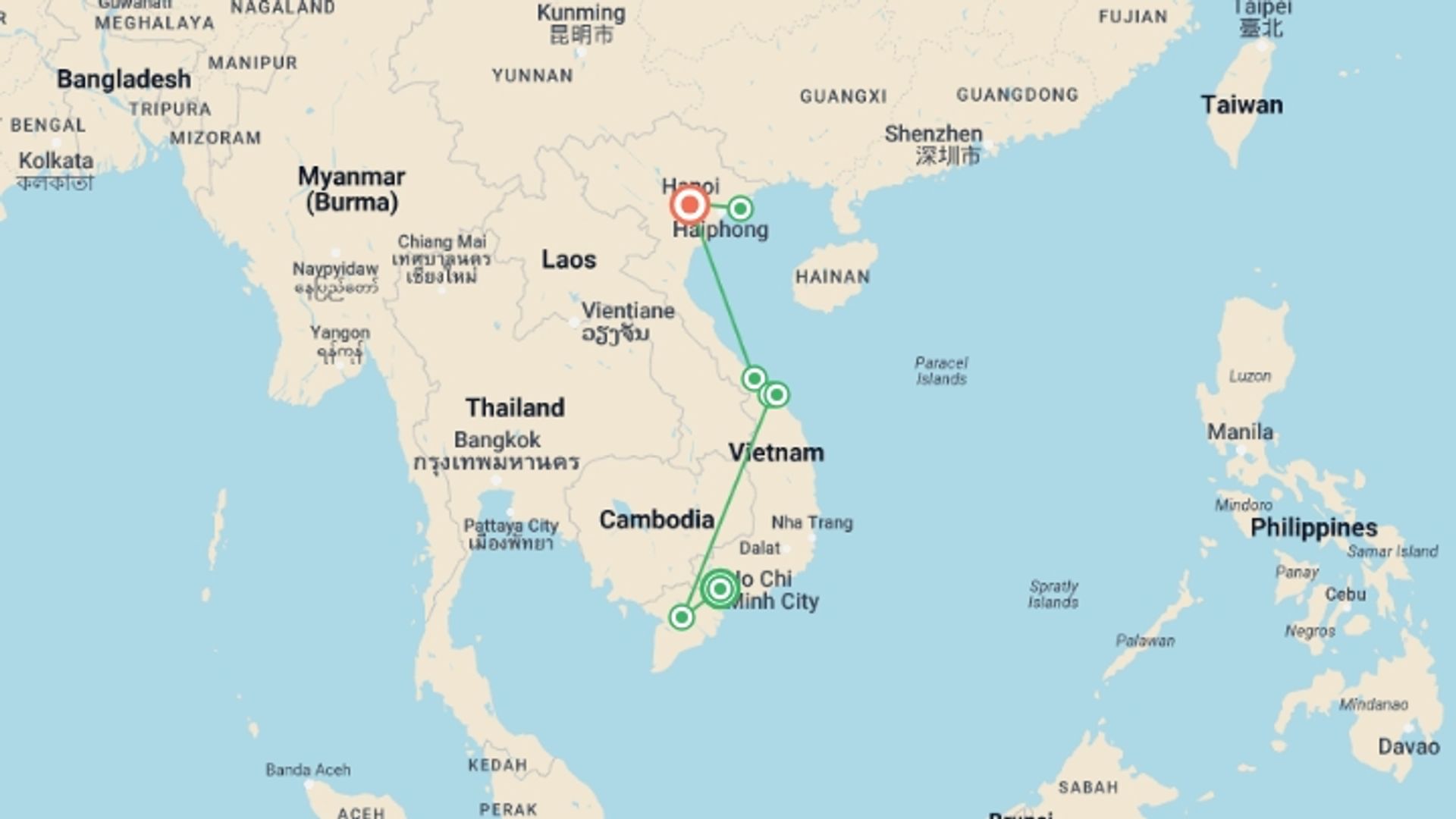 A map showing the tour itinerary for the trip: Best Of Vietnam, starting in Ho Chi Minh City, Vietnam and ending in Hanoi, Vietnam going through 5 other destinations.