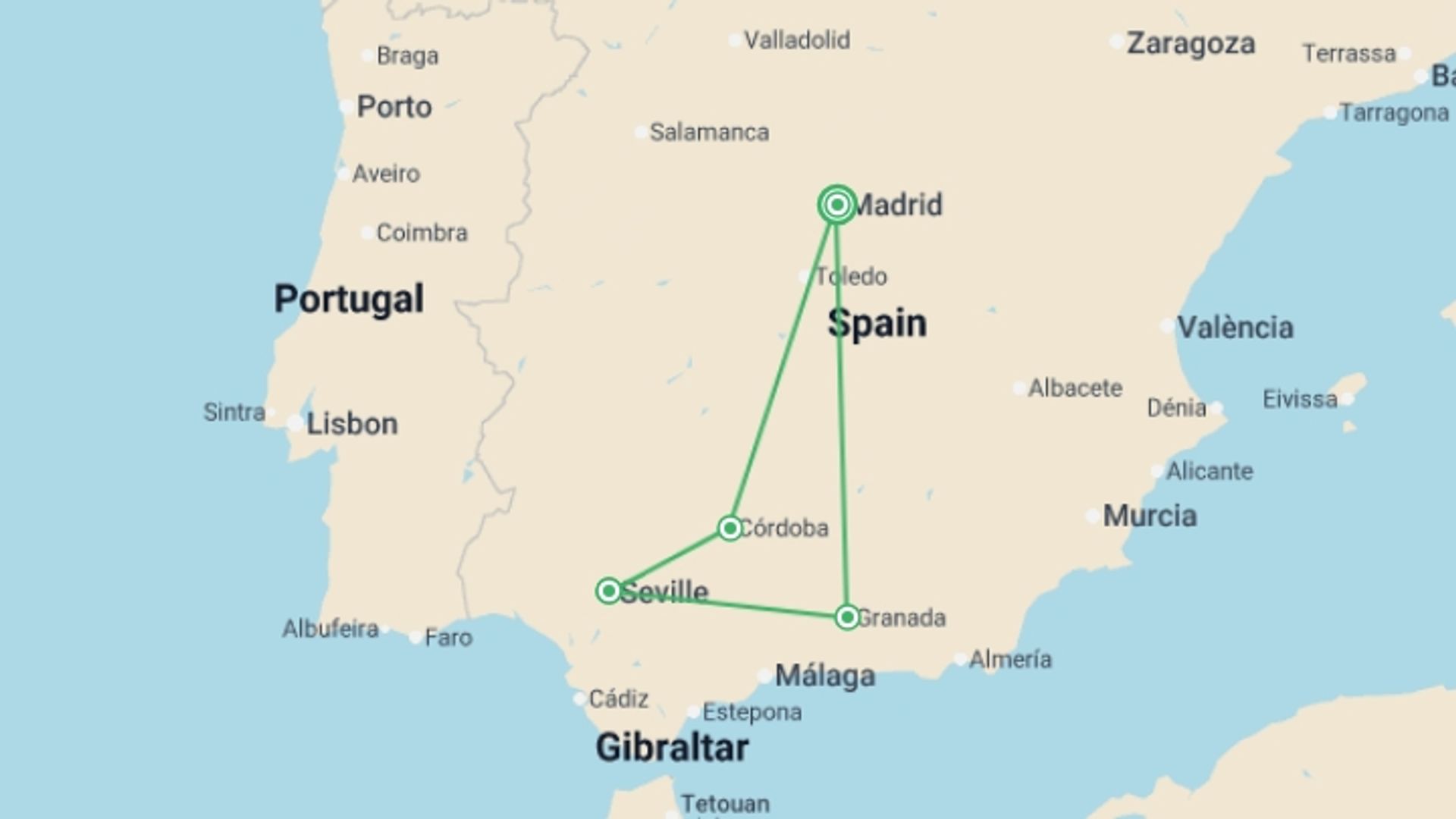 A map showing the tour itinerary for the trip: Cordoba, Seville & Granada - 4 days, starting in Madrid, Spain and ending in Madrid, Spain going through 2 other destinations.