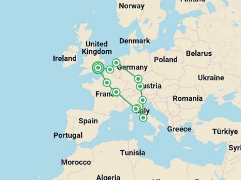 Map itinerary of Paris Tour in October 2026 with 8 destination visits for the trip: Classic Europe