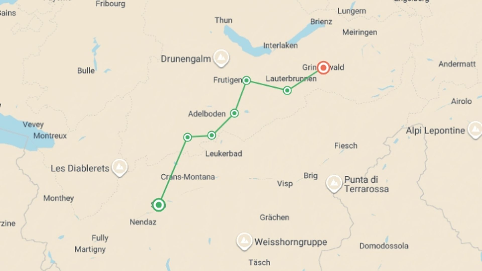 A map showing the tour itinerary for the trip: High Trails of the Bernese Oberland Guided Hike, starting in Sion, Switzerland and ending in Grindelwald, Switzerland going through 6 other destinations.