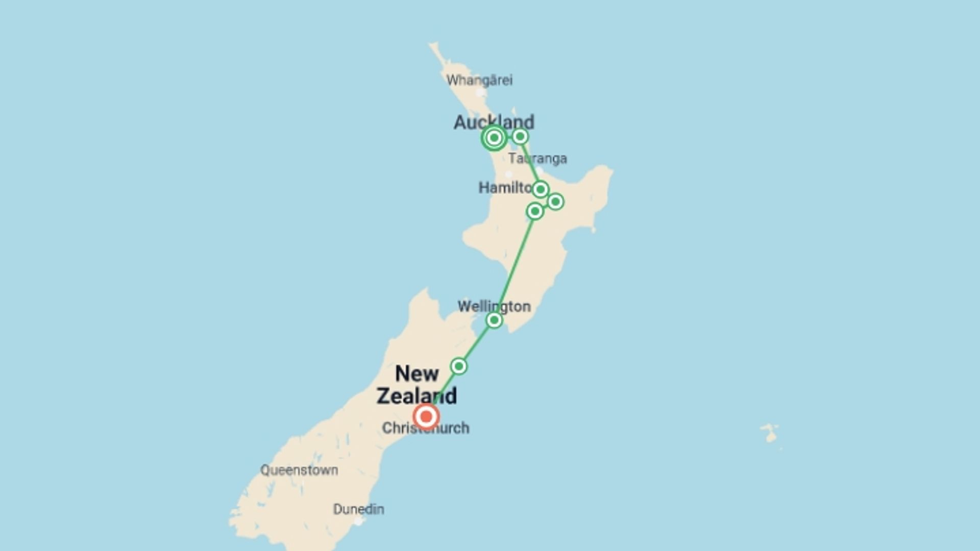 A map showing the tour itinerary for the trip: New Zealand's North to South Island Adventure, starting in Auckland, New Zealand and ending in Christchurch, New Zealand going through 6 other destinations.
