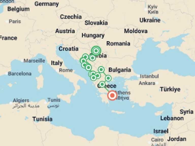 Map itinerary of Tirana Tour in Spring with 9 destination visits for the trip: Serbia to Greece - 16 days