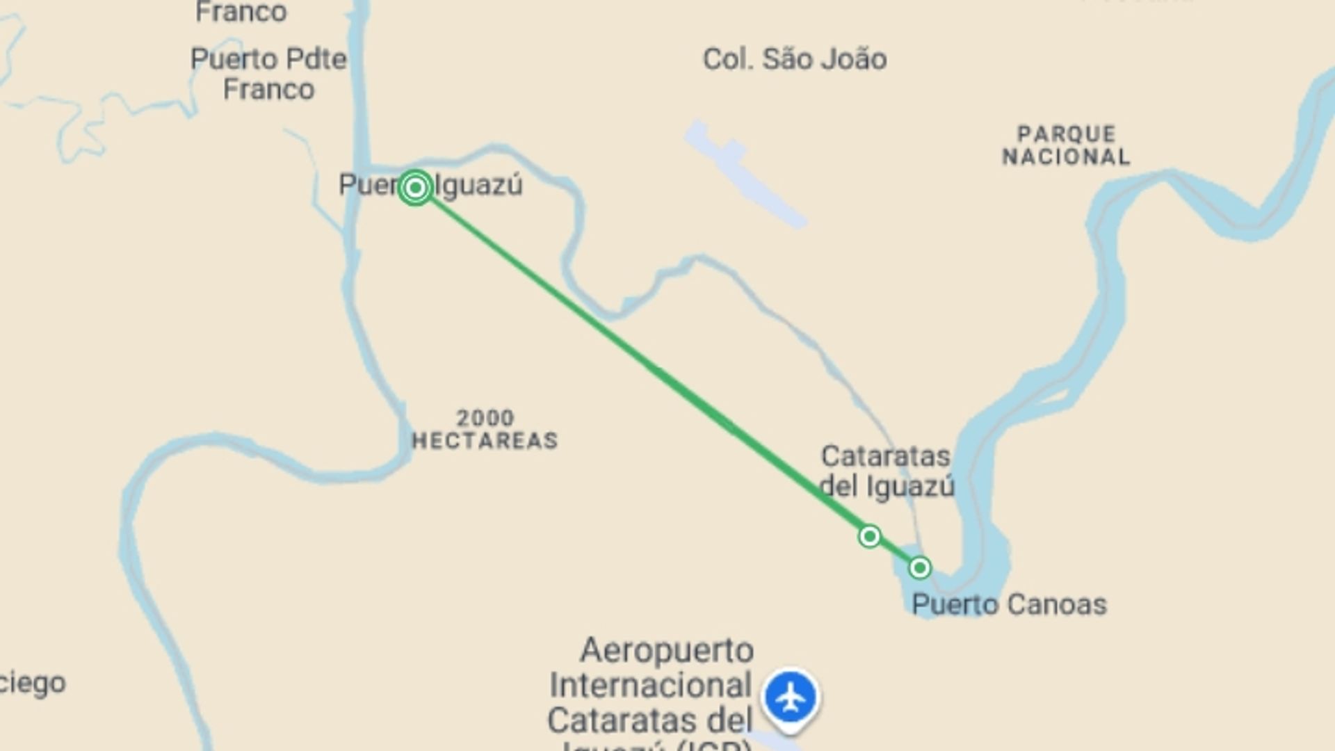 A map showing the tour itinerary for the trip: Argentina: Iguazu Falls in 4 days, starting in Puerto Iguazu, Argentina and ending in Puerto Iguazu, Argentina going through 2 other destinations.