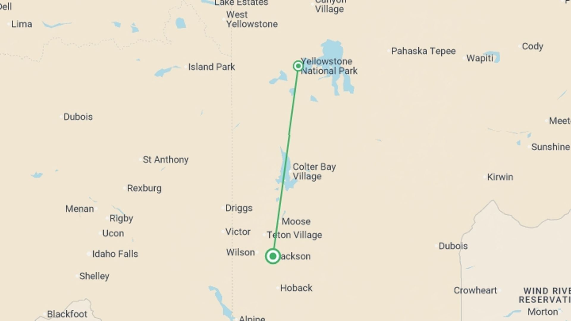 A map showing the tour itinerary for the trip: Hiking and Camping in Yellowstone, starting in Jackson, USA and ending in Jackson, USA going through 1 other destinations.