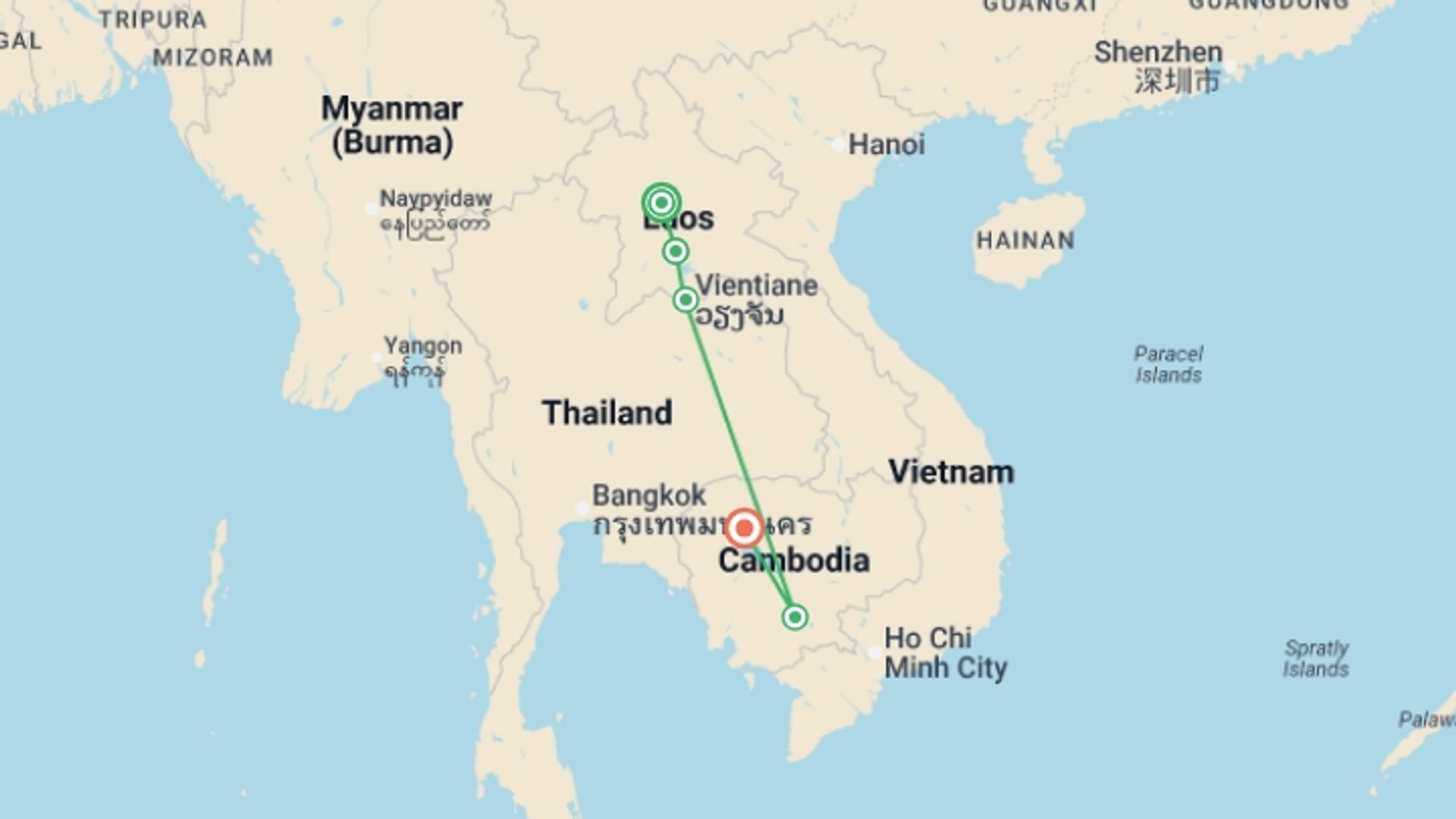 A map showing the tour itinerary for the trip: Cambodia & Laos Uncovered, starting in Luang Prabang, Laos and ending in Siem Reap, Cambodia going through 3 other destinations.