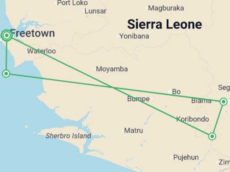 Map itinerary of Africa Tour in December 2026 with 4 destination visits for the trip: Sierra Leone Adventure: History, Culture & Nature