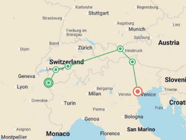 Map of Europe Tour with 8 destination visits for the trip: Peaks of Europe:The Alps toThe Dolomites