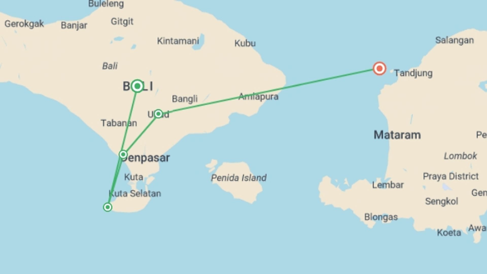 A map showing the tour itinerary for the trip: Bali Backpacker, starting in Bali, Indonesia and ending in Gili Trawangan, Indonesia going through 3 other destinations.