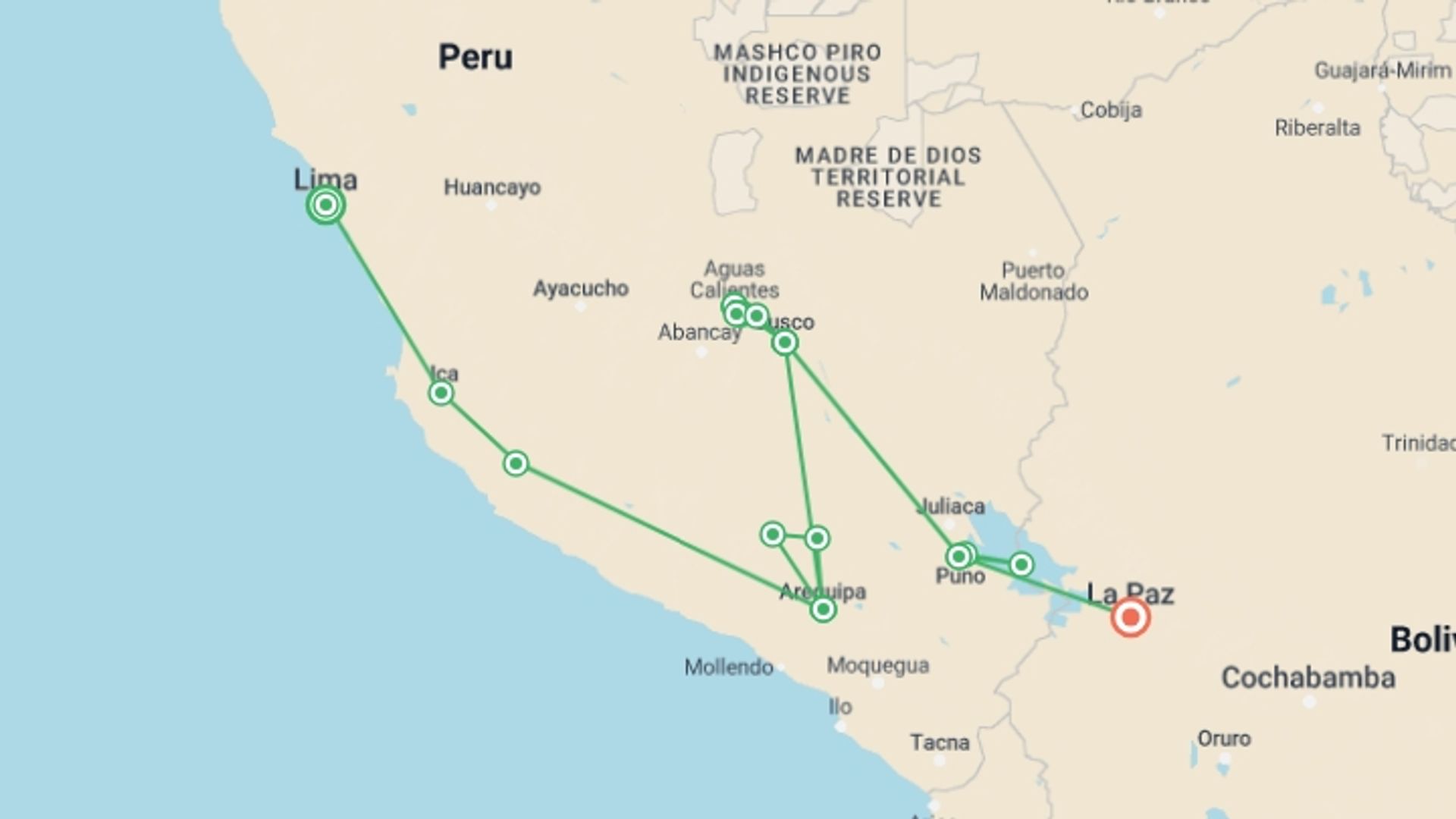 A map showing the tour itinerary for the trip: Lima to La Paz: Sandboarding & Sunsets, starting in Lima, Peru and ending in La Paz, Bolivia going through 11 other destinations.