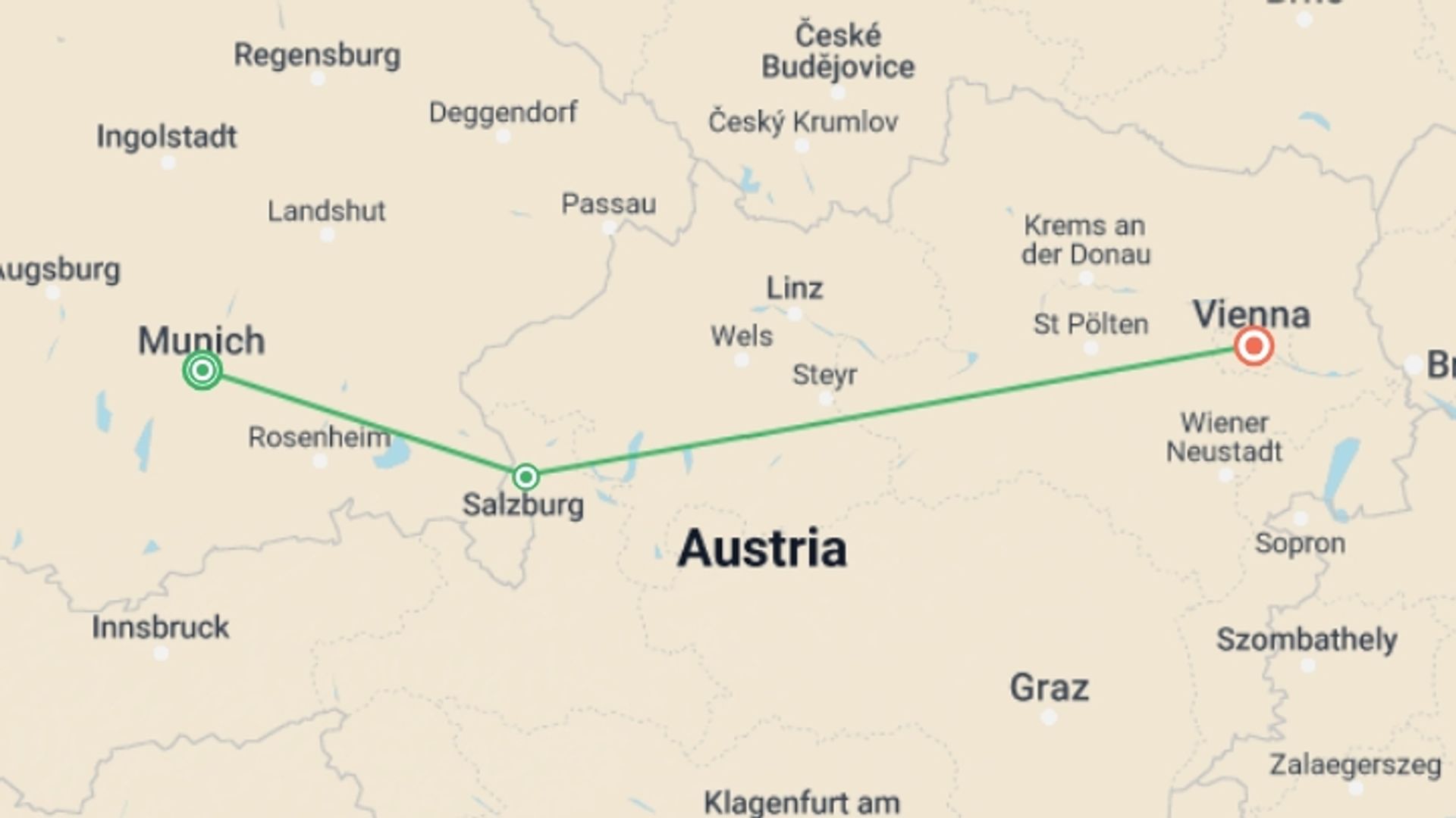 A map showing the tour itinerary for the trip: Highlights of Christmas Markets: Munich to Vienna, starting in Munich, Germany and ending in Vienna, Austria going through 1 other destinations.