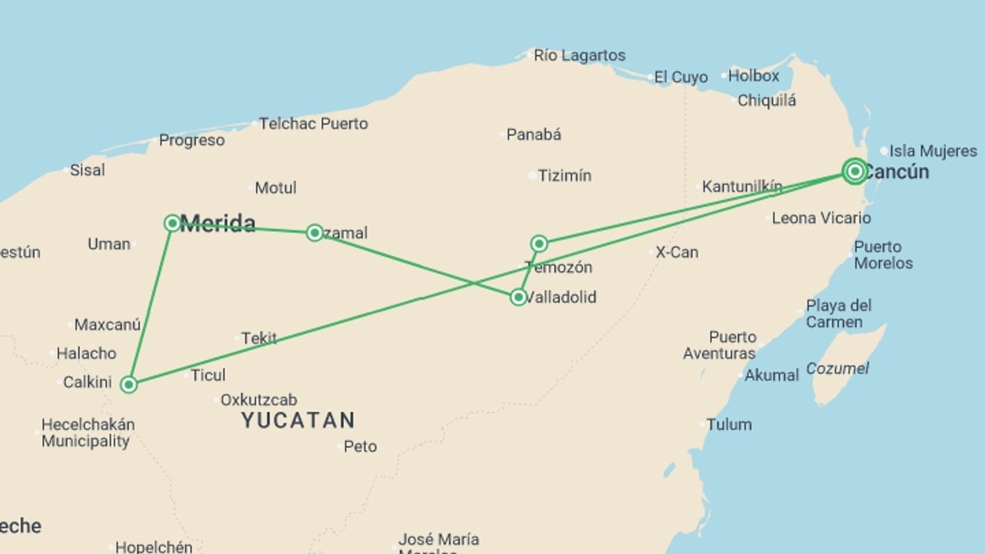A map showing the tour itinerary for the trip: Mini Wonders Of The Maya With The Maya Train, Italian-speaking Guide, starting in Cancún, Mexico and ending in Cancún, Mexico going through 3 other destinations.