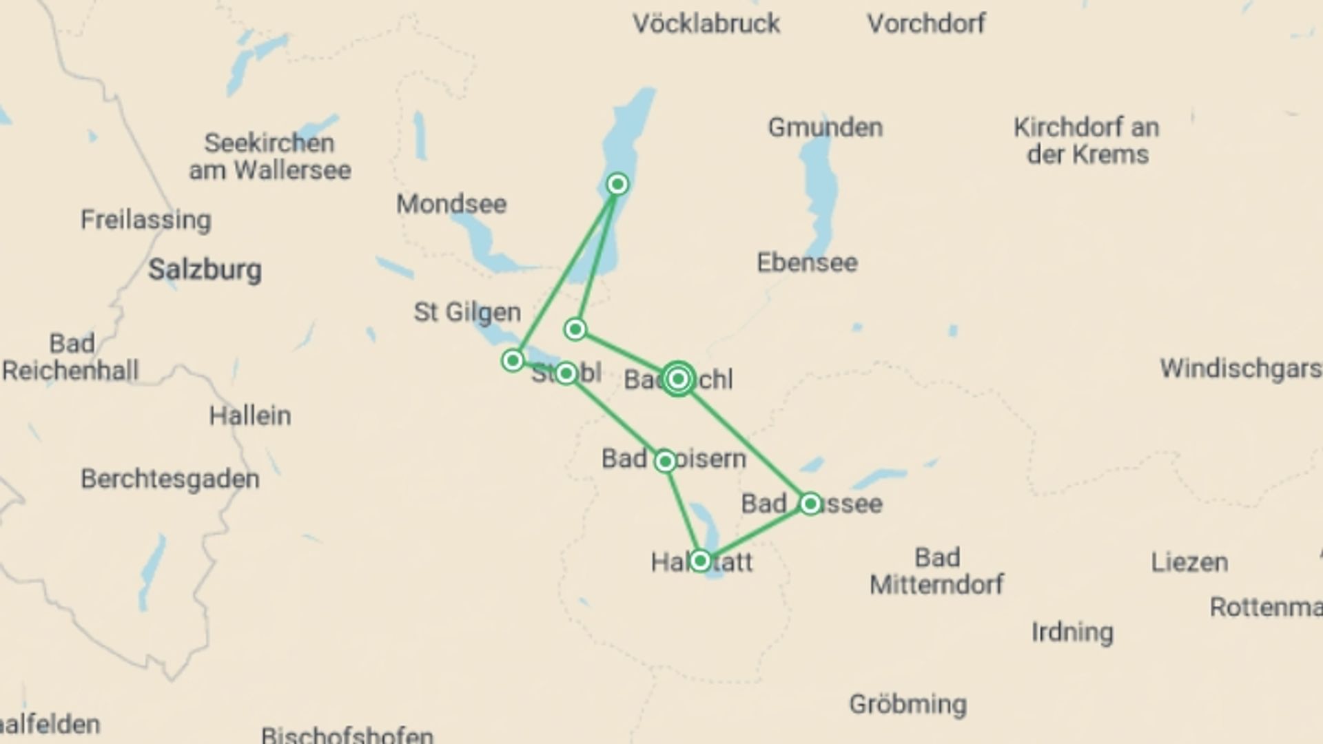 A map showing the tour itinerary for the trip: Austrian Lakes Walk, starting in Bad Ischl, Austria and ending in Bad Ischl, Austria going through 6 other destinations.