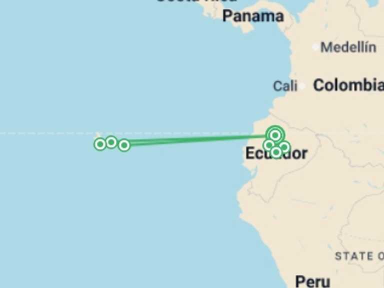Map itinerary of South America Tour in November 2026 with 7 destination visits for the trip: Ecuador to Galápagos: Jungle Beats & Island Heat