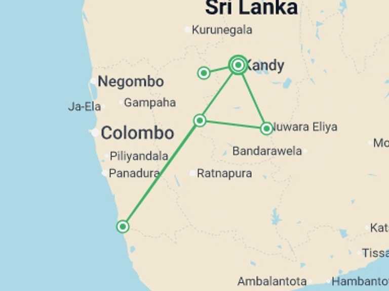 Map of a Sightseeing, attractions, culture and history Tour with 3 destination visits for the trip: Kandy & Nuwara Eliya, Private Tour