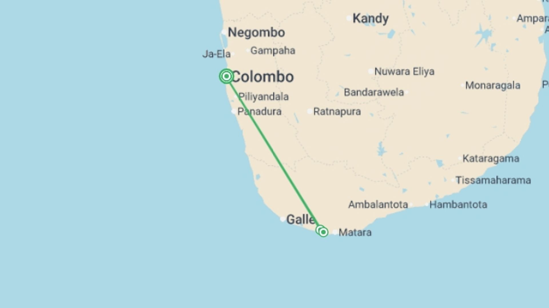 A map showing the tour itinerary for the trip: Sri Lanka’s Southern Gems: Coast, Culture & Wildlife, Private Tour, starting in Colombo, Sri Lanka and ending in Colombo, Sri Lanka going through 2 other destinations.