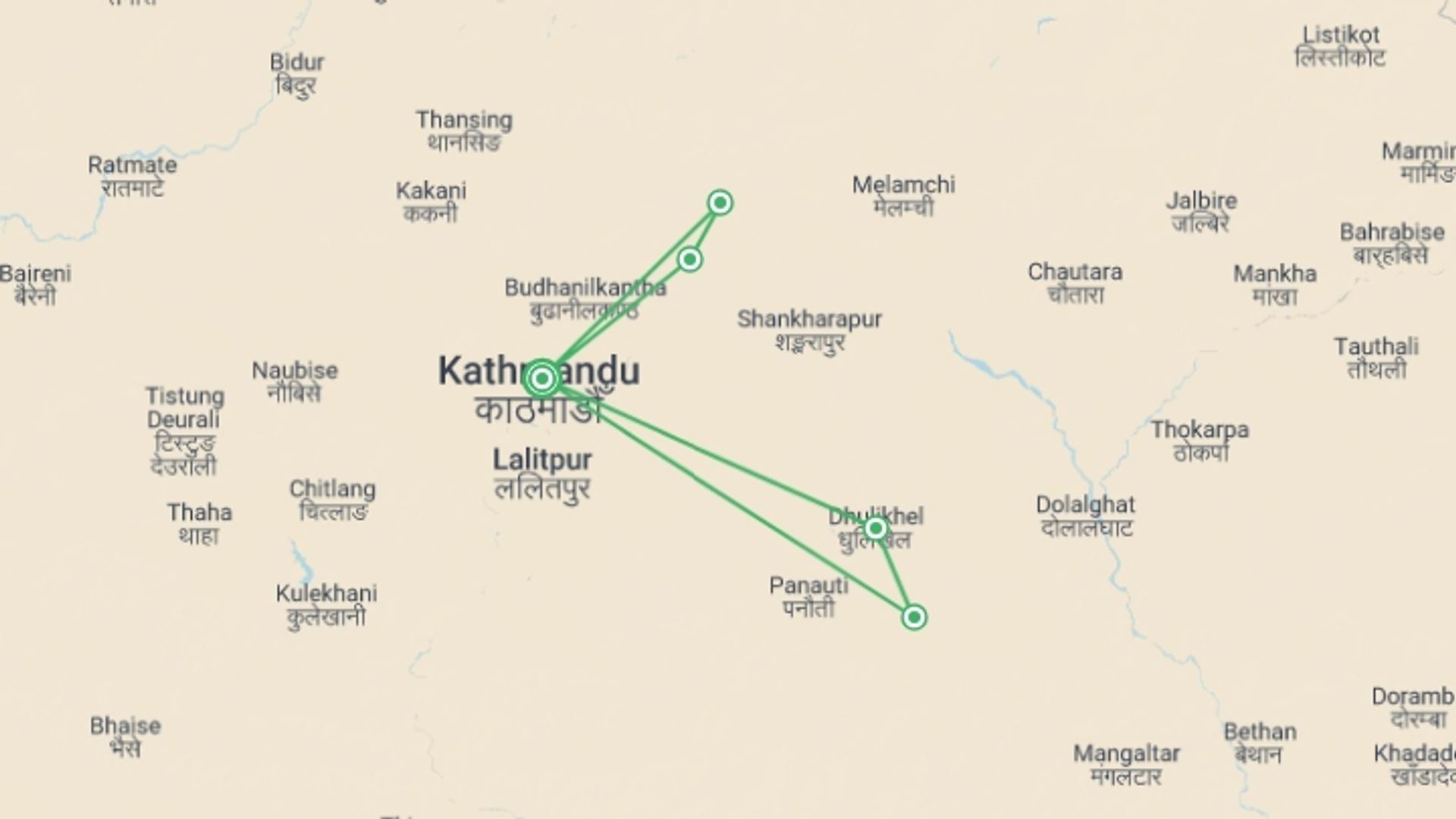 A map showing the tour itinerary for the trip: Nepal Trek and Temples, starting in Kathmandu, Nepal and ending in Kathmandu, Nepal going through 2 other destinations.