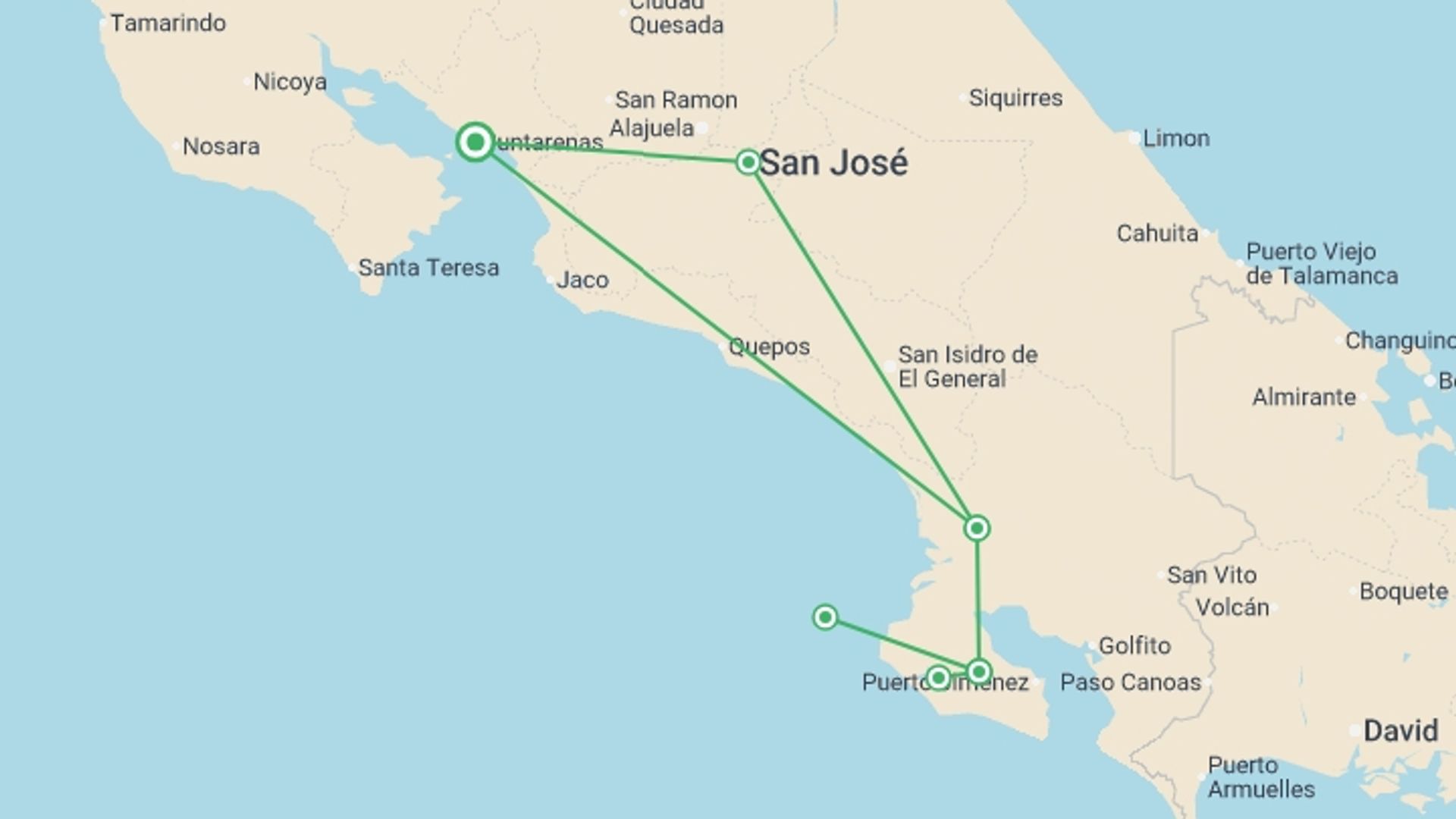 A map showing the tour itinerary for the trip: Corcovado Classic Experience, Short Break, starting in Punta Arenas, Costa Rica and ending in Punta Arenas, Costa Rica going through 2 other destinations.