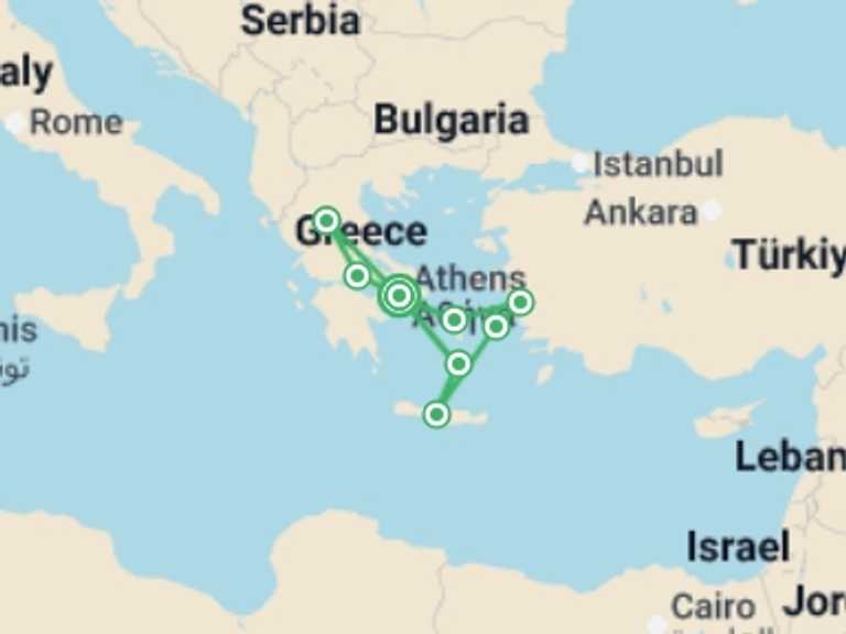 Map itinerary of Europe Tour in Fall with 4 destination visits for the trip: Jewels of Greece and Aegean Islands - 8 Days