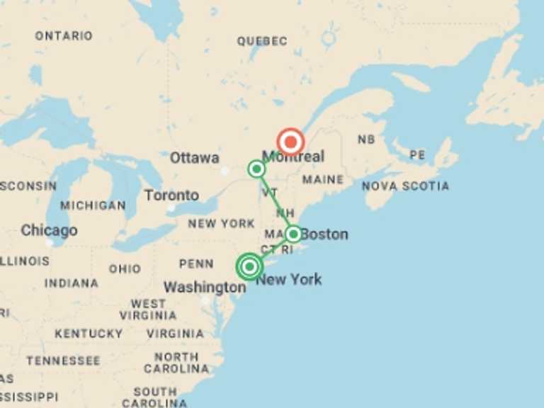 Map of North America Tour with 4 destination visits for the trip: Essential East Coast