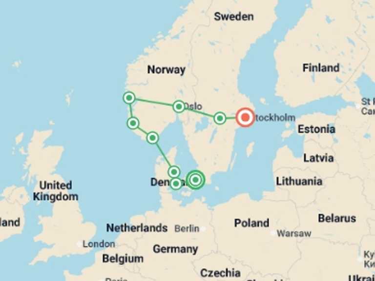 Map of Europe Tour with 6 destination visits for the trip: Highlights of Scandinavia