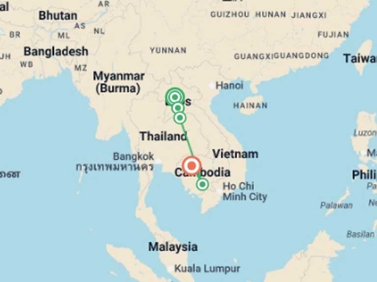 Map of South East Asia Tour with 5 destination visits for the trip: Cambodia & Laos Uncovered