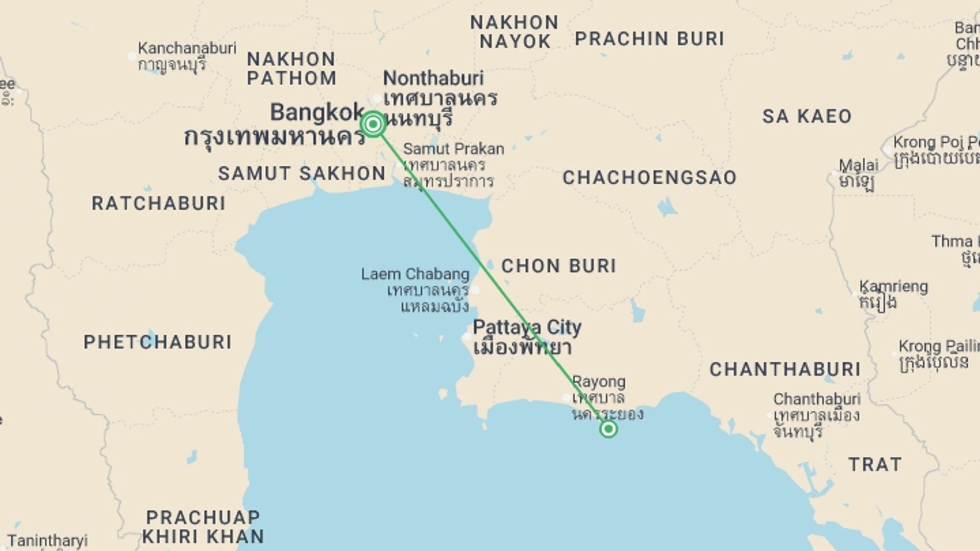 A map showing the tour itinerary for the trip: Thailand Beach Extension - Koh Samet, starting in Bangkok, Thailand and ending in Bangkok, Thailand going through 1 other destinations.