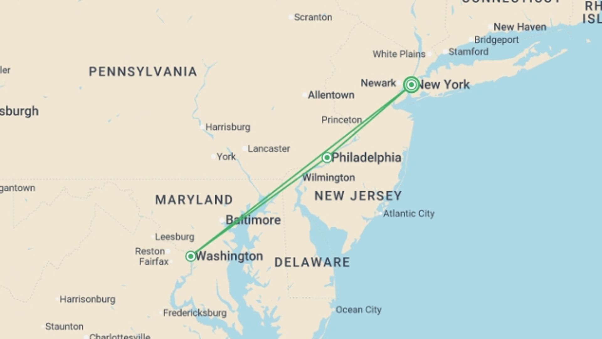 A map showing the tour itinerary for the trip: Washington DC, Philadelphia & Amish Country 2D/1N (from New York), starting in New York, USA and ending in New York, USA going through 1 other destinations.
