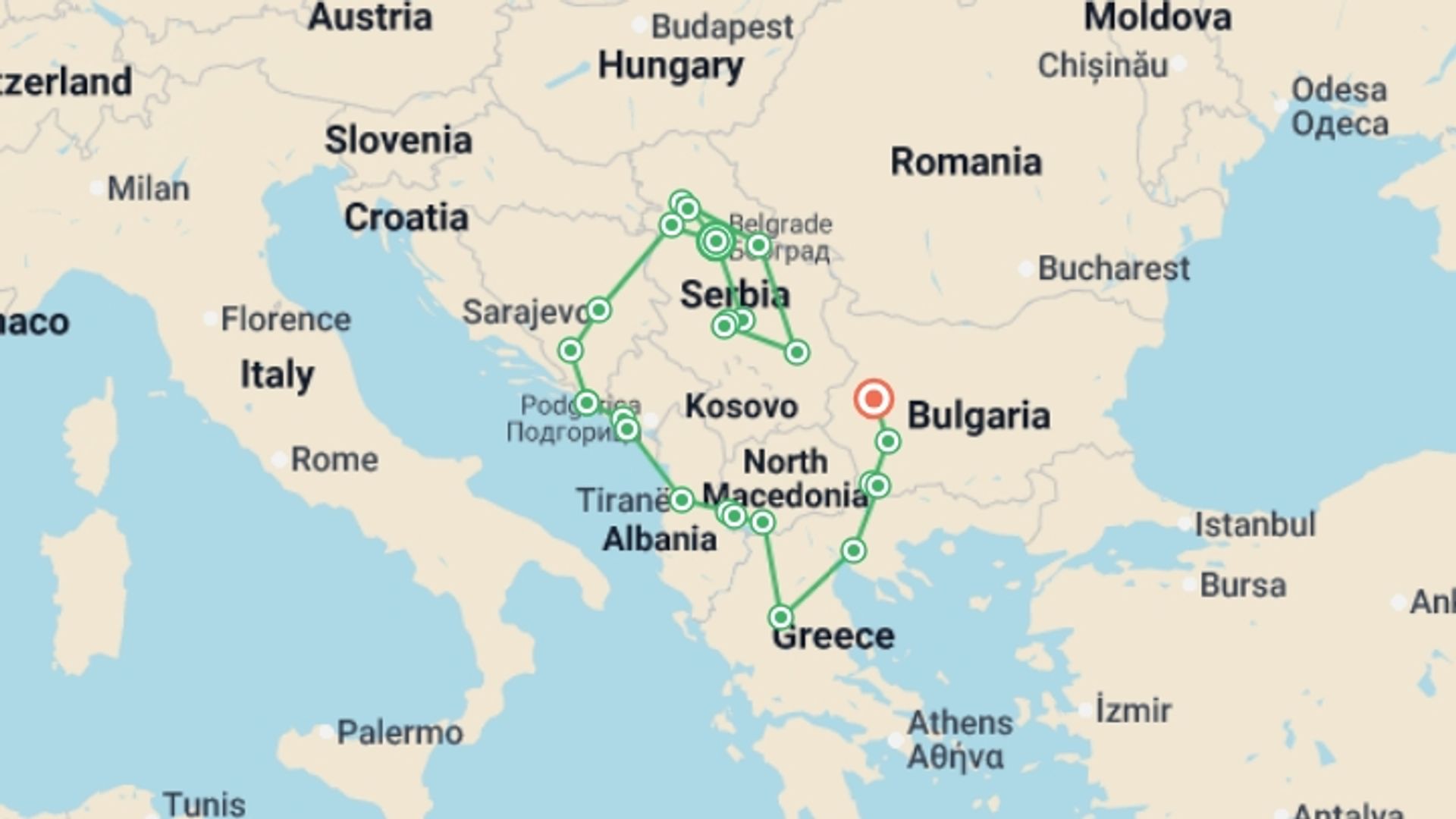 A map showing the tour itinerary for the trip: Jewels of Serbia and the Balkans, starting in Belgrade, Serbia and ending in Sofia, Bulgaria going through 9 other destinations.