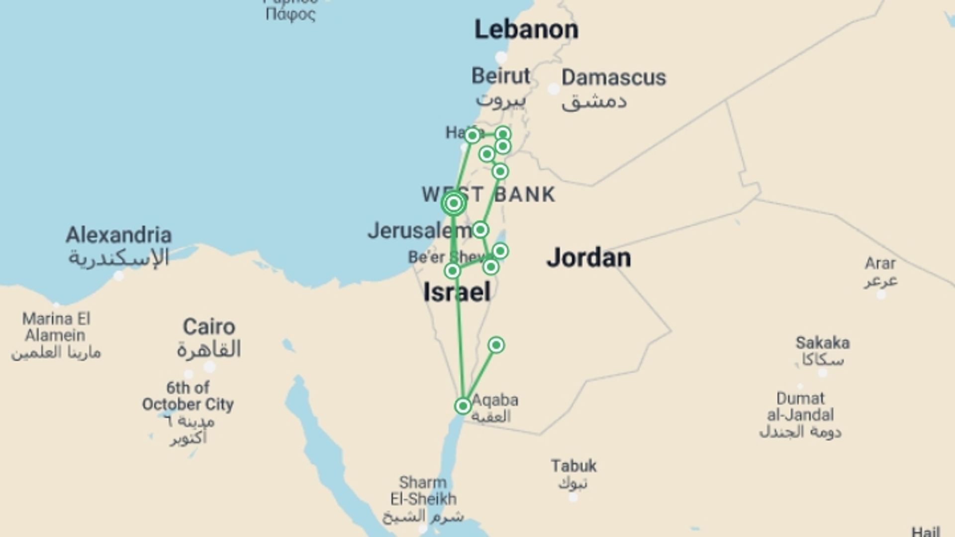 A map showing the tour itinerary for the trip: 9 Days Highlights Of Israel And Petra (multi Country), starting in Tel Aviv, Israel and ending in Tel Aviv, Israel going through 4 other destinations.
