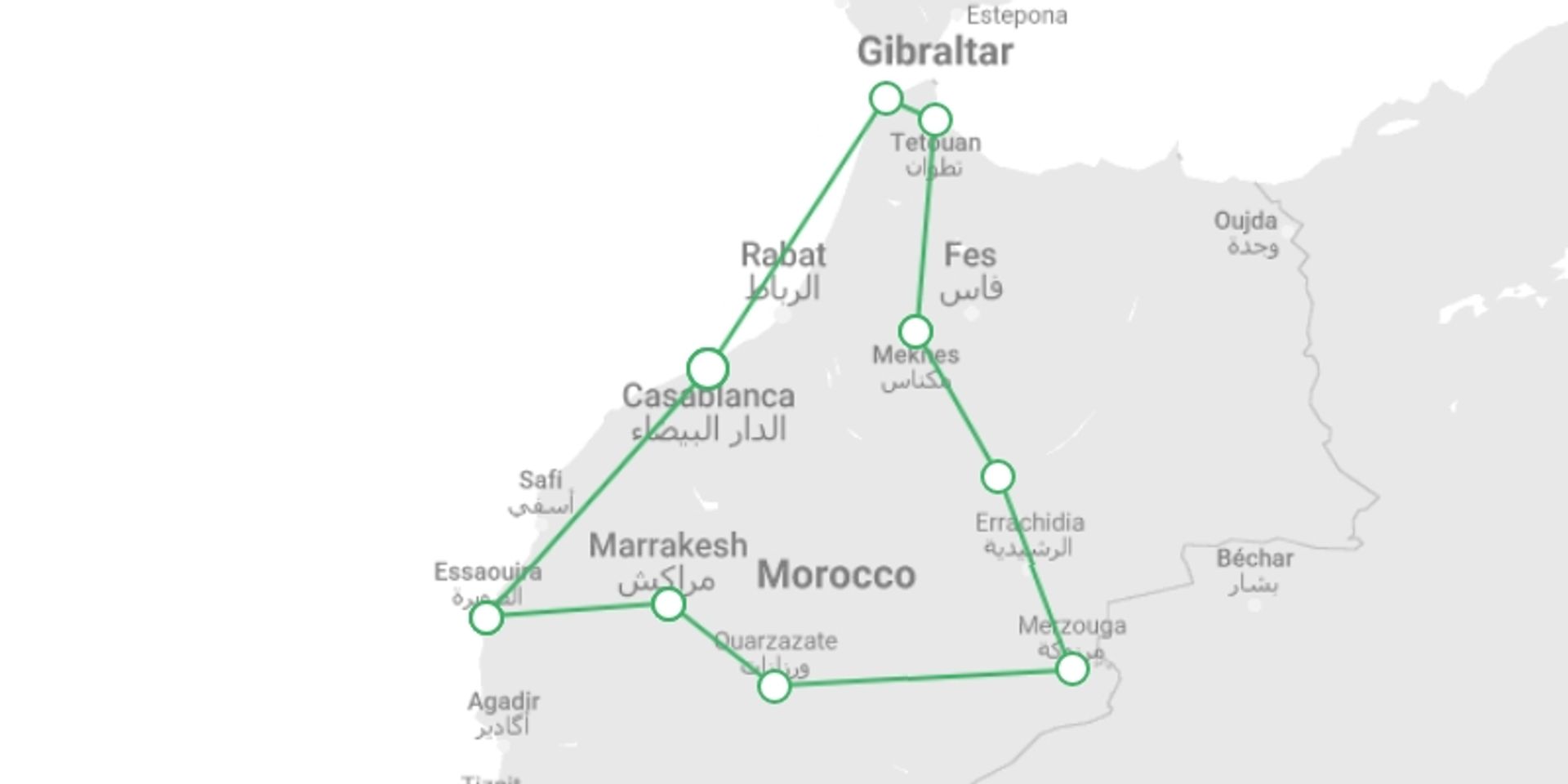 A map showing the tour itinerary for the trip: Morocco Luxury Tour: Premium Hotels and Great adventure, starting in Casablanca, Morocco and ending in Casablanca, Morocco going through 14 other destinations.