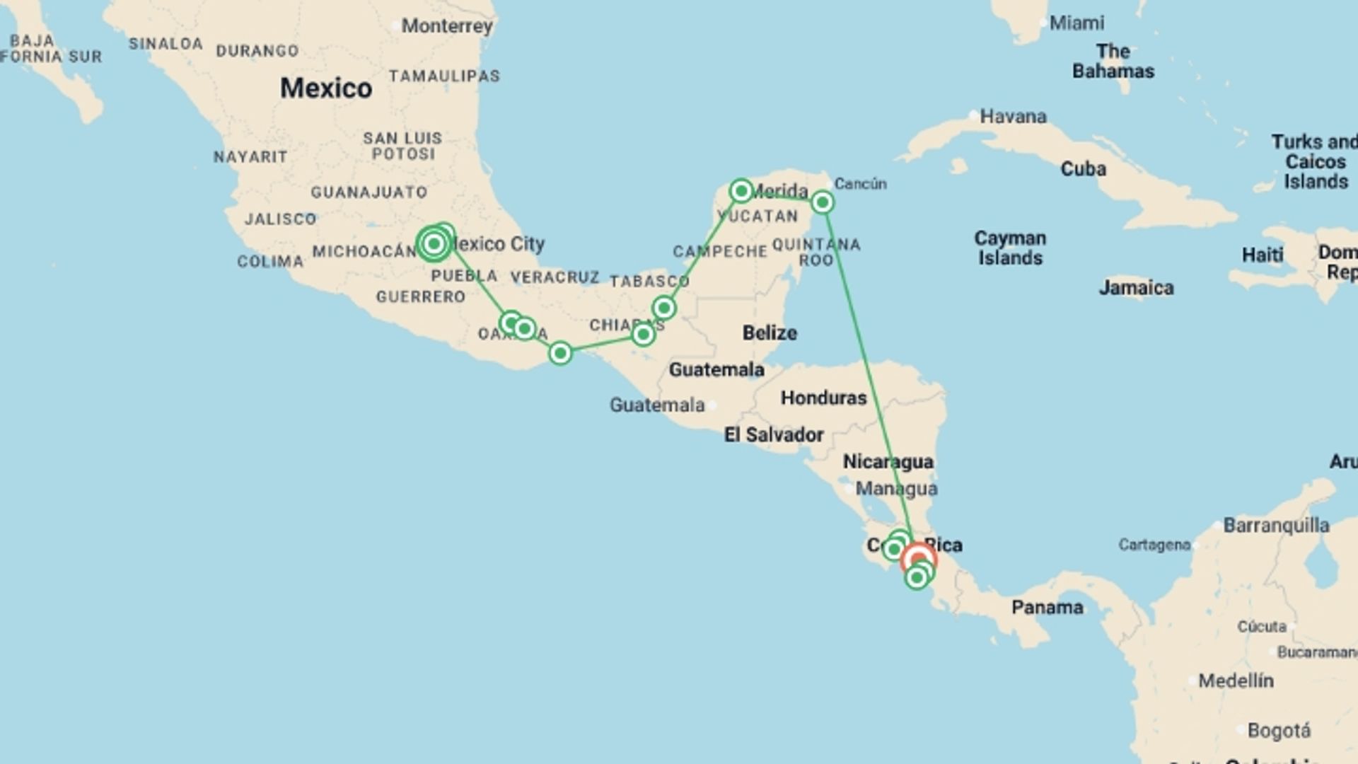 A map showing the tour itinerary for the trip: Best of Mexico & Costa Rica, starting in Mexico City, Mexico and ending in San Jose, Costa Rica going through 10 other destinations.