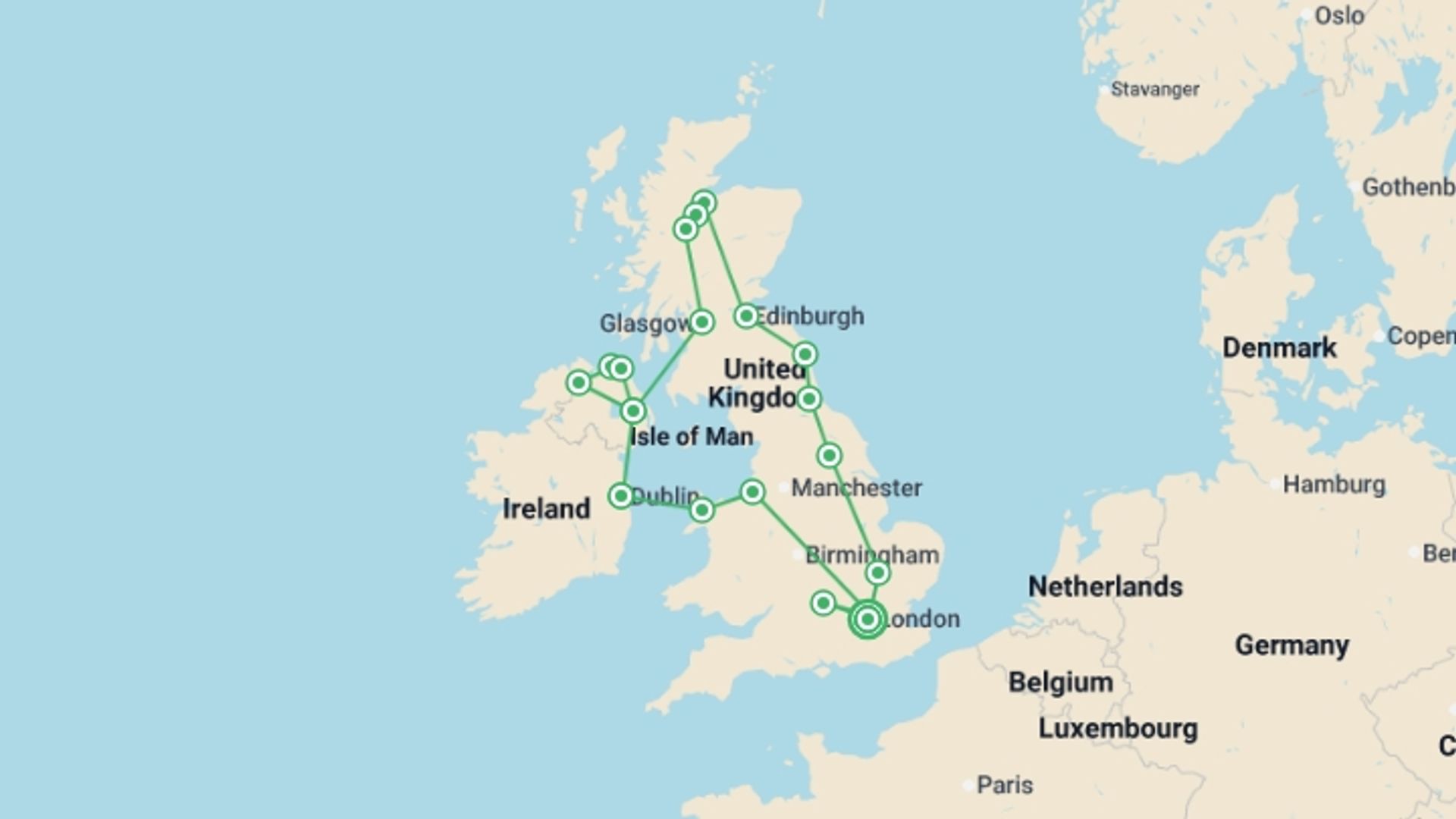 A map showing the tour itinerary for the trip: Great British and Irish Route with London, starting in London, England and ending in London, England going through 7 other destinations.