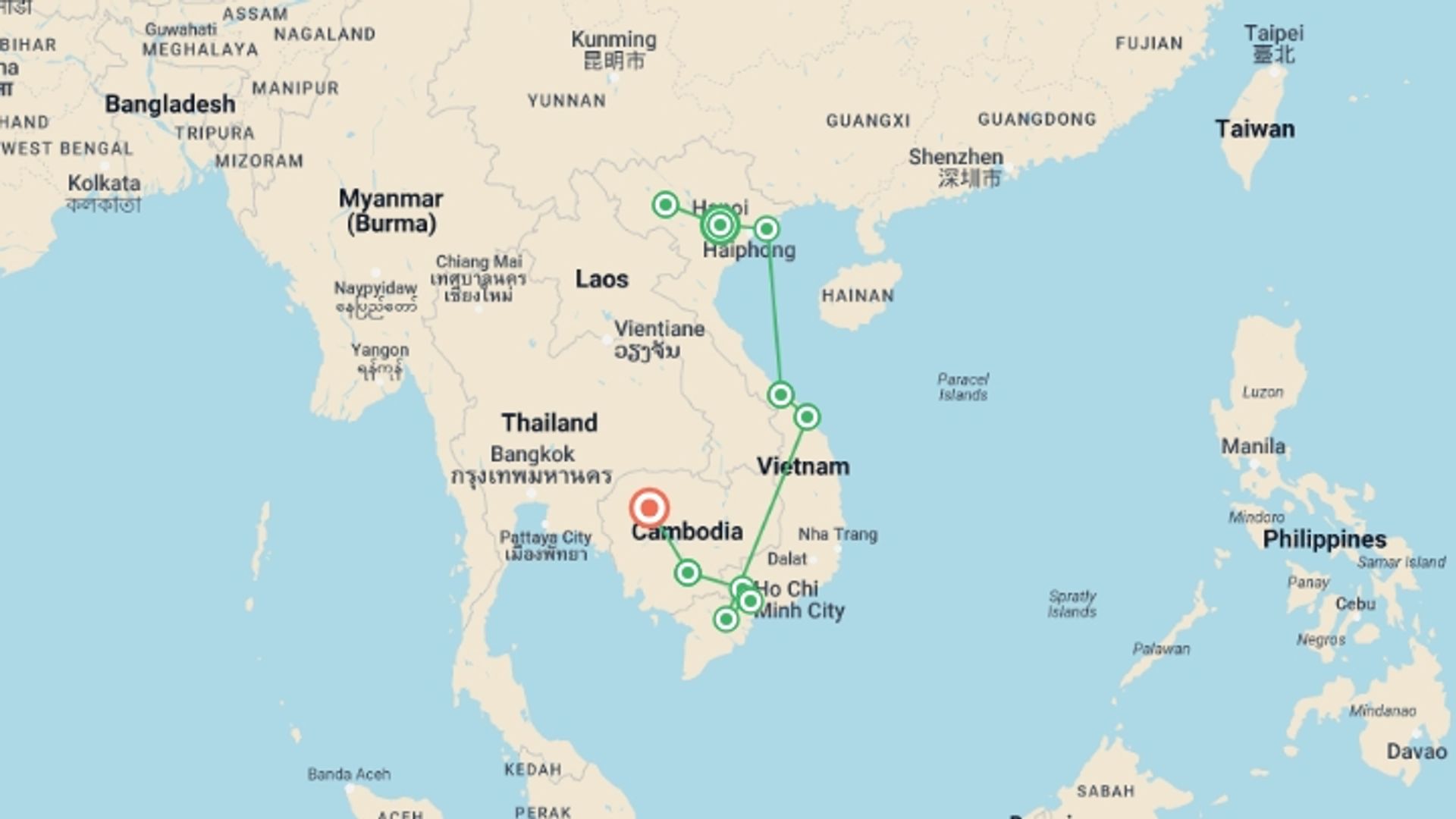A map showing the tour itinerary for the trip: Walking in Vietnam + Cambodia Highlights, starting in Hanoi, Vietnam and ending in Siem Reap, Cambodia going through 8 other destinations.