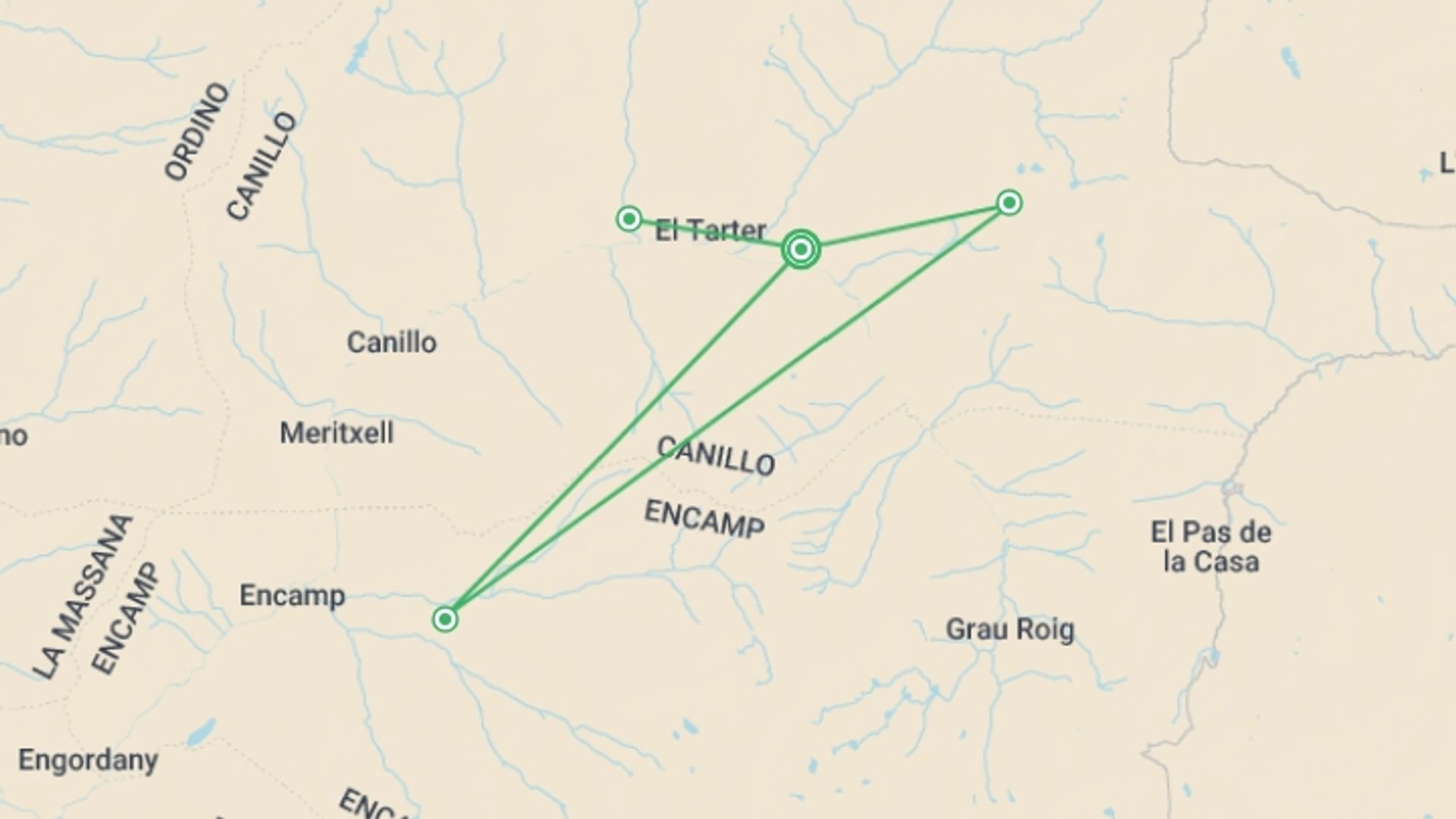 A map showing the tour itinerary for the trip: Andorra: Hike, Bike & Raft, starting in Soldeu, Andorra and ending in Soldeu, Andorra going through 3 other destinations.