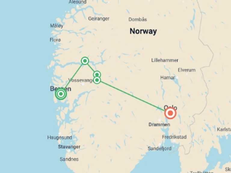 Map of a Glaciers Tour with 3 destination visits for the trip: Magic of Norwegian Fjords
