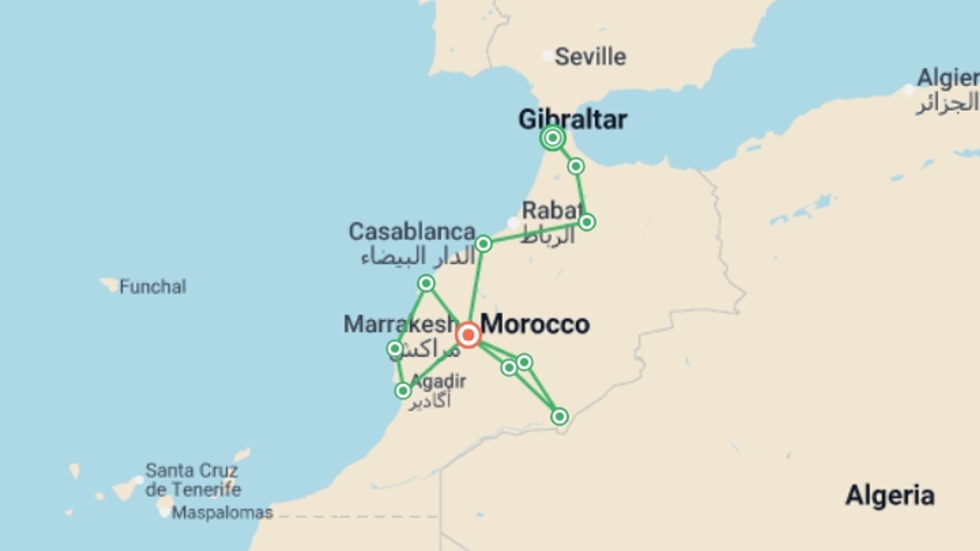 A map showing the tour itinerary for the trip: Complete Morocco: The Sahara to the Coast, starting in Tangier, Morocco and ending in Marrakech, Morocco going through 6 other destinations.