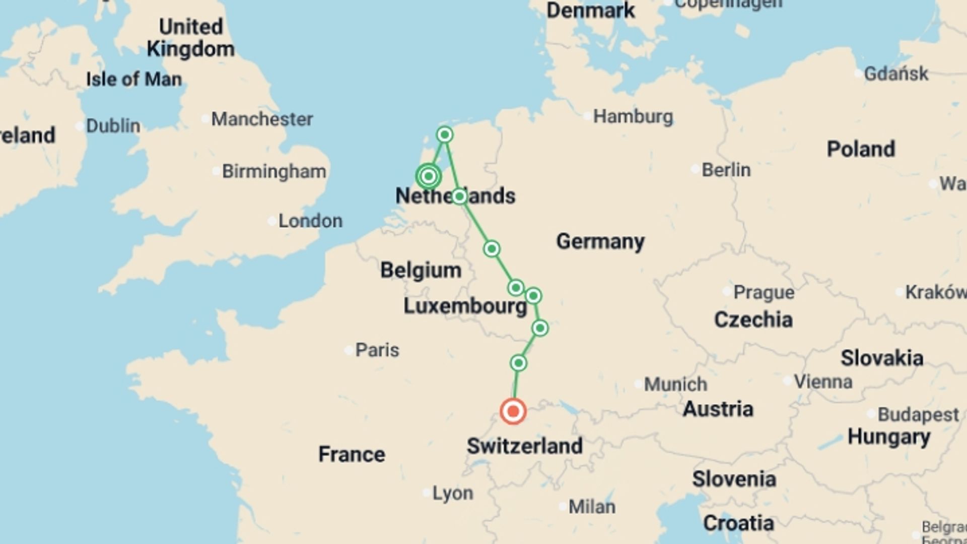 A map showing the tour itinerary for the trip: Remarkable Rhine & Historic Holland (2026), starting in Amsterdam, Holland and ending in Basel, Switzerland going through 7 other destinations.