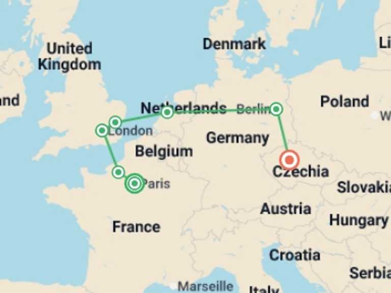 Map of Europe Tour with 7 destination visits for the trip: Continental Fairytale GO