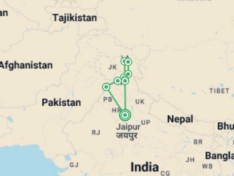 Map of Leh Ladakh Tour with 9 destination visits for the trip: Hills and High Places - 16 days
