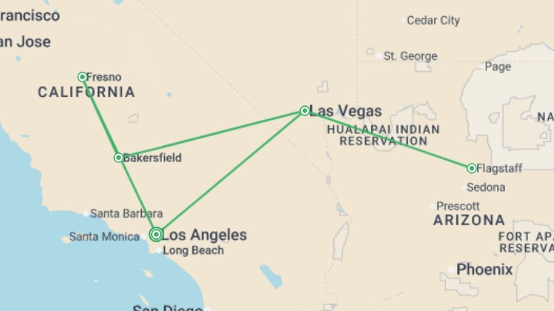 A map showing the tour itinerary for the trip: Los Angeles, Las Vegas with National Parks, starting in Los Angeles, USA and ending in Los Angeles, USA going through 4 other destinations.