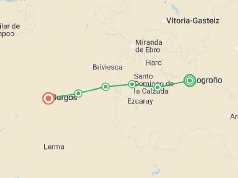 Map of a Winter adventure Tour with 7 destination visits for the trip: Camino - Logrono to Burgos